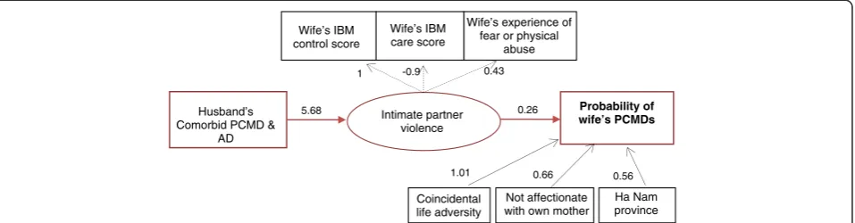 Figure 1 Indirect effect of comorbid PCMD and AD in husbands on probability of PCMD in wives via intimate partner violence