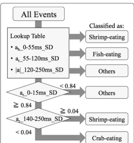 Fig. 8 a p value versus the border time to the end of the event. The p value between crab-eating and shrimp-eating was minimal when the border time was 140 ms