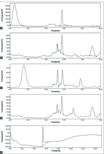 Figure 3: (a) Chromatogram showing the peaks of Combination 1 (grapes, west Indian cherries, and honey), (b) chromatogram showing the peaks of Combination 2 (west Indian cherries, amla, and honey), (c) chromatogram showing the peaks of Combination 3 (west Indian cherries, grapes, amla, and honey), (d) chromatogram showing the peaks of Combination 4 (strawberries, amla, and honey), (e) chromatogram showing the peaks of Combination 5 (grapes alone)