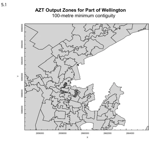 Figure 5.1 provides an example of this issue. This map contains a portion of the  Wellington region, optimised in AZTool using the 100-metre minimum contiguity length  when determining local adjacency