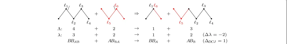 Figure 5 Neutral recombination that hasare represented by “ �DCJ-λ = 1 − 2w (we represent only the labels of the adjacencies, the cuts of the recombination/” and “\”).