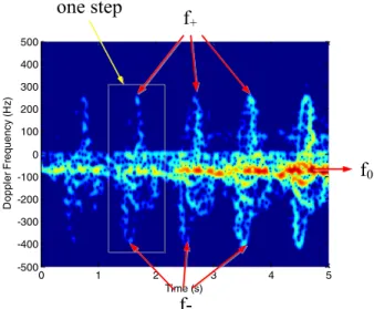 Fig. 2 shows a typical time-frequency spectrogram of the radar  echo. In the time-frequency spectrogram, the strongest  components, which mainly spread in the low Doppler  frequency area, correspond to the movement of the torso
