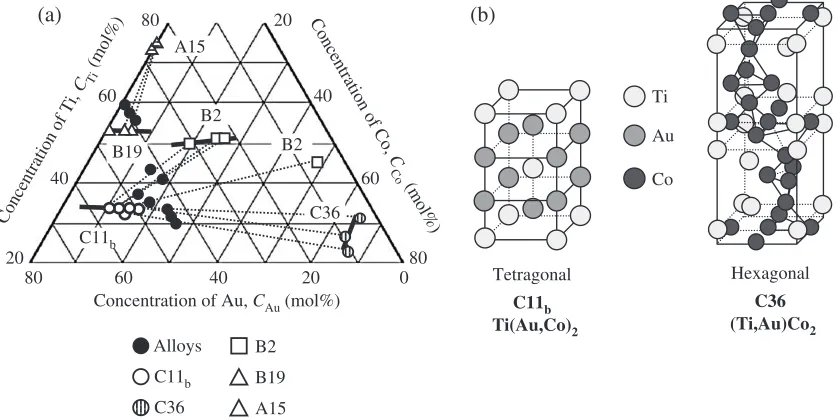 Fig. 5(a) A SEM image near the TiAu/Co interface of the specimenfabricated at 1173 K for 10 h, and (b) a concentration proﬁle near theTiAu/Co interface corresponding to (a).