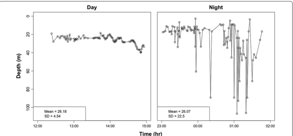 Fig. 5 Day and night depth tracks. Representative daytime and nighttime depth tracks with detections (empty black circles) spaced in time over a 3-h period