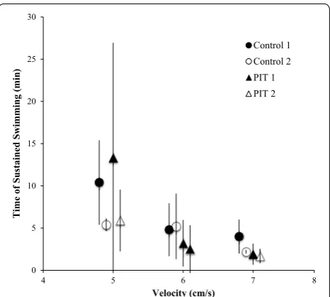 Fig. 4 Mean time that PIT-tagged ammocoetes (triangles) and untagged controls (circles) were able to sustain swimming at either 5, 6, or 7 cm/s water velocity