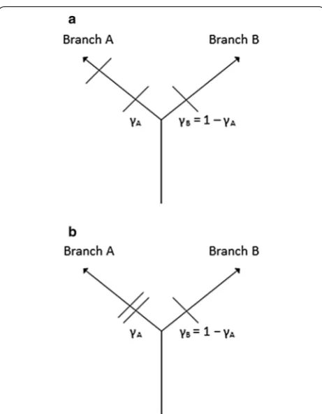 Fig. 2 Minimal receiver layouts. Minimal receiver layouts to estimate route selection probabilities γA and γB (γA + γB = 1) using a two sin‑gle receiver lines or b a dual‑line receiver array