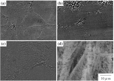 Fig. 1XRD patterns of the (a) Nb20Ti40Ni40, (b) Nb30Ti35Co35, (c)Nb13Zr43Ni44, and (d) Nb25Zr35Co40 eutectic alloys.