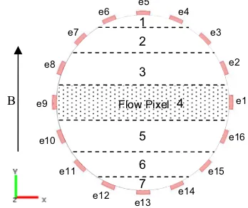 Fig. 2. Schematic diagram of the ﬂow pixels, the electrodes and the direction ofthe magnetic ﬁeld.