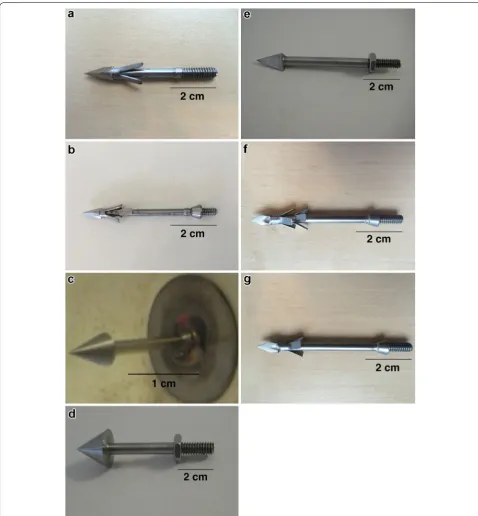 Fig. 2 Titanium and stainless steel darts tested. petals clipped and rounded, dart, a Short 3-petal titanium darts with petals clipped and rounded, b long 6-petal titanium darts with c short conical stainless steel dart used with suction cup, d long conical stainless steel dart, e triangular stainless steel f long 6-petal stainless steel dart, and g long 3-petal stainless steel dart