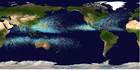 Fig. 1. Global tropical cyclone tracks (from Wikipedia).