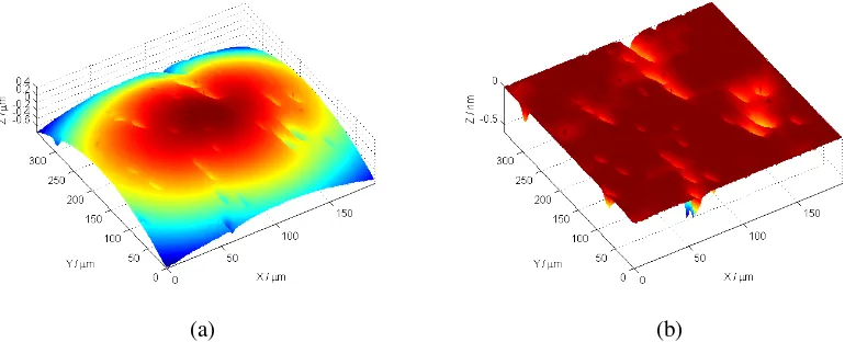 Fig. 9. Worn metallic surface analysis using the morphological alpha shape method: (a) Raw measured surface; (b) Residual surface