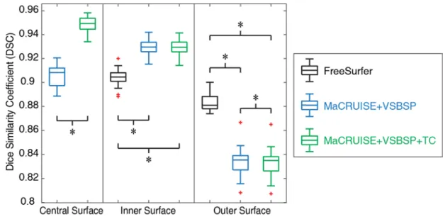 Figure IV.4 Quantitative segmentations results on the surface parcellation for the entire Kirby21  cohort