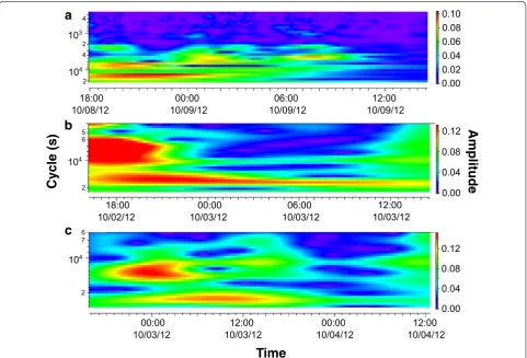 Fig. 7 Wavelet transformation of dominant TBF extracted from the zero-crossing algorithm represented as cycle (s) as a function of time of day for three sturgeons of length a 83 cm, b 96 cm and c 109 cm where the colour coding corresponds to the amplitude of the wavelet transform