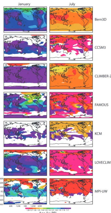 Fig. 3. Simulated 130–115colour coding). The period of maximum warmth is only shown if for at least four in-dividual simulations we ﬁnd a maximum temperature along the polynomial which isoutside the 1are the corresponding 130–115points of the individual pe