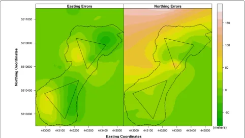Fig. 4 Distribution of spatial positioning errors from stationary tag trials in Lake 375 estimated using the kriging method