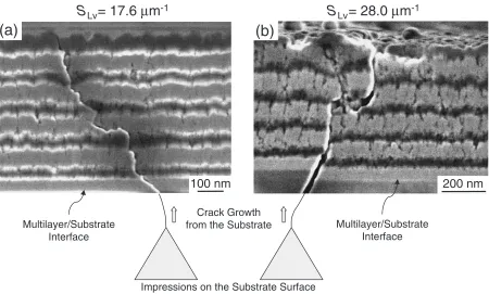 Fig. 8Cross-sectional SEM images of polished cross-sections of multilayer ceramics showing indentation cracks which penetrate into themultilayers where the operation of (a) crack deﬂection and (b) crack branching are observed.
