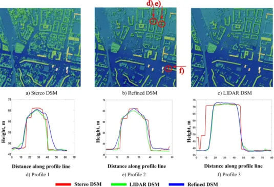 Figure 3. Examples of the generated DSM with refined 3D buildings shapes and roofs ridge lines.