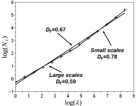 Fig. 2. Computation of the fractal dimension (Eq. 1 in a log–logplot) of Rλ for C1 = 0.1, α = 1.9, γ0 = 0.1 and p0 = 0.5.