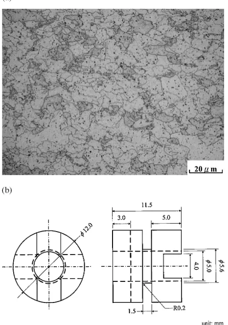 Fig. 1(a) Optical microstructure of undeformed unweldable Al-Sc alloyafter solution and aging treatments; (b) Proﬁle and dimensions of testspecimen (units: mm).