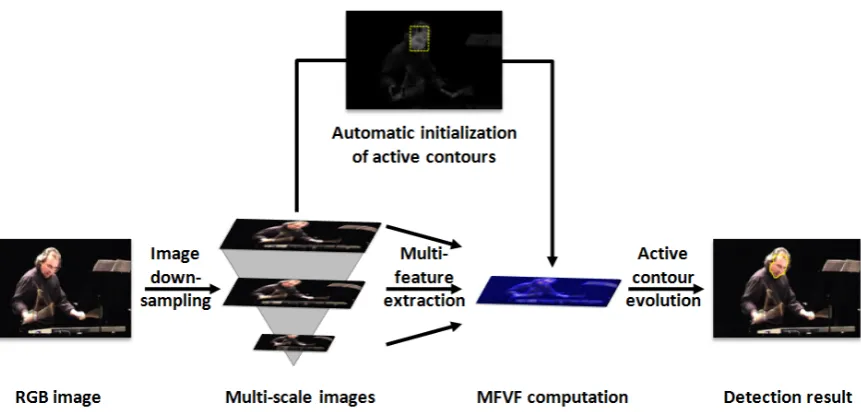 Figure 1: Overview of our automatic system of face detection based on multi-scale, multi-feature vector ﬂow (MFVF) activecontours.