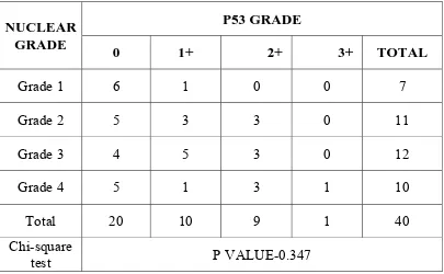 TABLE 34: DISTRIBUTION OF CASES ACCORDING TO P53 GRADE IN   CORRELATION WITH NUCLEAR GRADE 