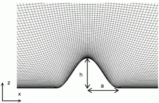 Figure 2. The x-z cross-section of the computational grid in the vicinity of the hill at y = 0