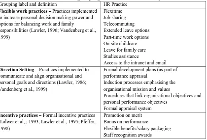 Table 1 HR Practice items and grouping definitions – Pilot study 