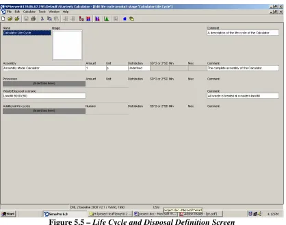 Figure 5.5 – Life Cycle and Disposal Definition Screen 