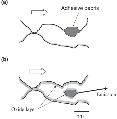 Fig. 8Schematic drawing of wear debris staying between the disc and thepin in diﬀerent surroundings: (a) low oxygen content and (b) high oxygencontent.