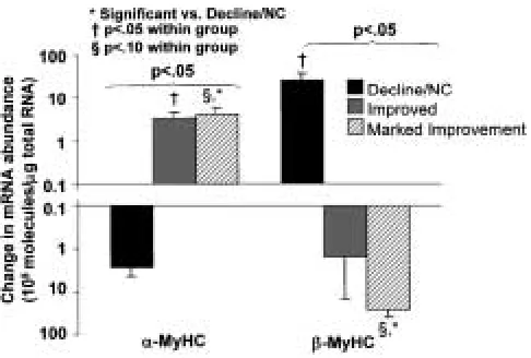 Fig. 3.Changes in three LV function change groups. Note �- and �-MyHC mRNA abundances byy axis is logarithmic.p values refer to ordinal trend test