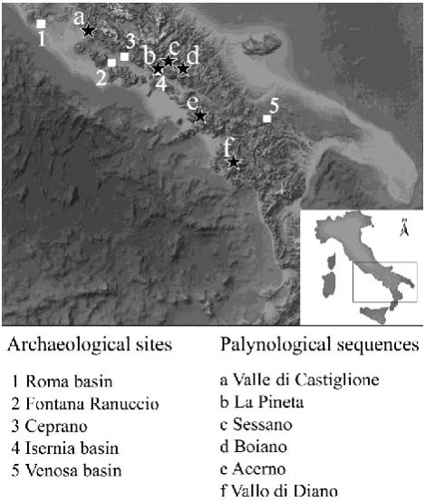 Fig. 1.Figure 1. Location of the compiled archaeological sites and palynological sequences
