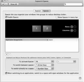 Figure 24 The Spaces panel of the Exposé &amp; Spaces  preferences pane.