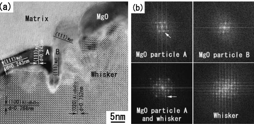 Fig. 7A typical HREM image of interface that interfacial reaction invaded into whisker in composite heat-treated at 693 K for 96 hours,and FFT images of its analyzed by DagitalMicrograph(TM).