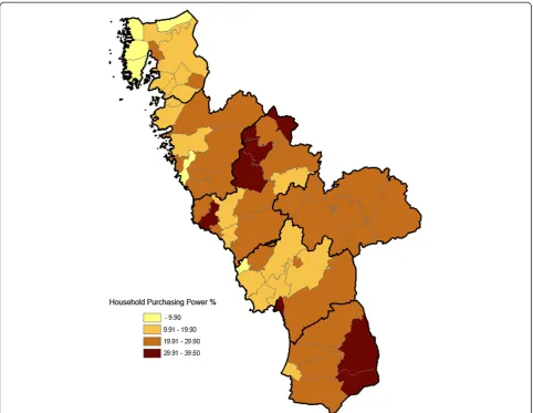 Figure 1 Geo-map on household purchasing power for the 61 parishes in the county of Halland