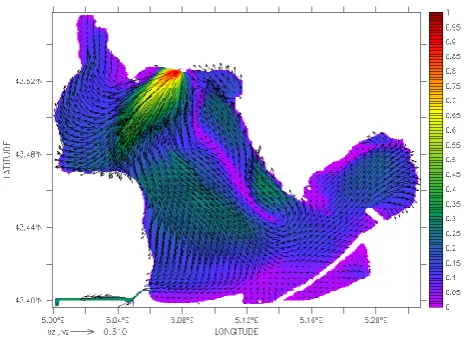 Fig. 11. Figure 11. Currents near the free surface and velocity modulus for EDF runoff of 125 m Currents near the free surface and velocity modulus forEDF runoff of 125 m3 s−1.