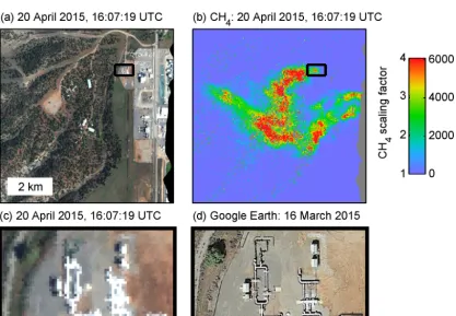 Figure A1. (a) AVIRIS-NG true color image subset. (b) Multiple CH4 plumes are visible from this gas processing facility, one emanatingfrom a source beyond the east edge of the AVIRIS-NG scene