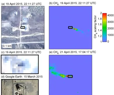 Figure A2. (a) AVIRIS-NG true color image subset from 19 April 2015.source is a tank. (b) Prominent CH4 plume visible from location indicated by theblack box