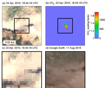 Figure 6. (a) AVIRIS-NG true color image subset.near Durango, Colorado. (b) A small CH4 plume is visible from a conﬁrmed geological source at Moving Mountain (c) Close-up of AVIRIS-NG true color image