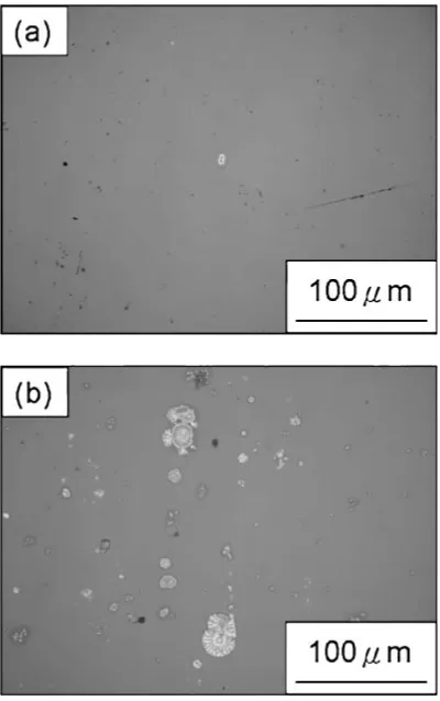 Fig. 3The SEM images of the surface of (a) the Ag ﬁlm (b) the Ag(Ti)ﬁlm, deposited on the ITO substrates, after the test of durability againstmoisture for 144 hours.