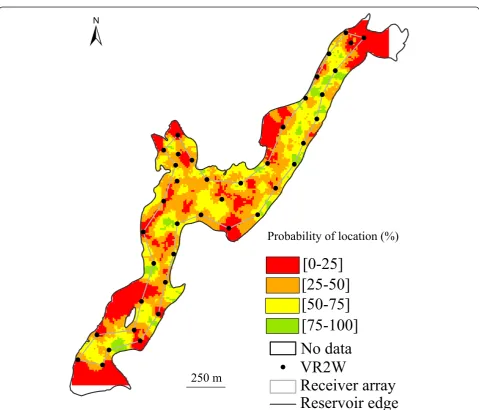 Figure 3 Spatial distribution of the probability of location inside the Bariousses reservoir when selecting the positions with an HPEless than 15