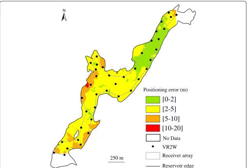 Figure 4 Spatial distribution of the positioning error inside the Bariousses reservoir when selecting the positions with an HPE lessthan 15