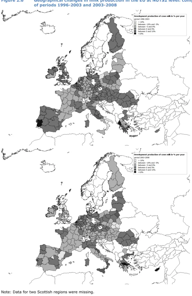 Figure 2.6  Geographical changes in milk production in the EU at NUTS2 level: comparison  of periods 1996-2003 and 2003-2008 
