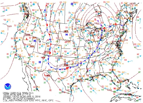Figure 4.5: Surface analysis from the Weather Prediction Center (WPC) valid 1800 UTC  on 11 April 2016