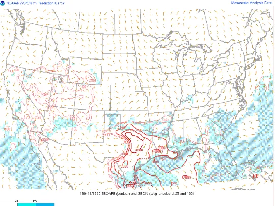 Figure 4.7:  Surface-based CAPE (SBCAPE; contoured) and surface-based convective  inhibition (SBCIN; shaded) at 1800 UTC on 11 April 2016