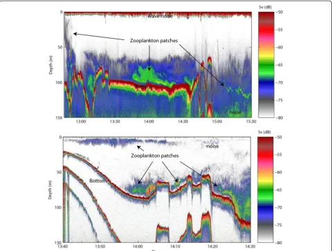 Figure 6 Example of echo sounding data (200 kHz) from two different locations in western Disko Bay, on 6 and 12 May 2009