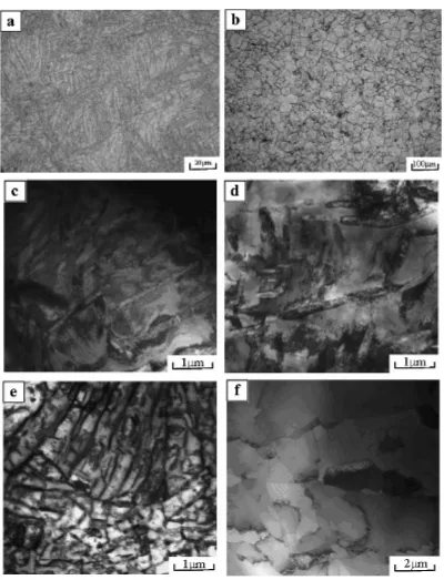 Fig. 4Optical microstructures of undeformed Ti alloy at (a) 25�C; (b) 900�C; TEM micrographs of specimens deformed at strain rate of8 � 103 s�1 under temperatures of (a) 25�C; (b) 500�C; (c) 700�C and (d) 900�C.