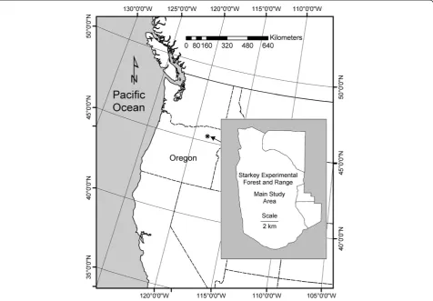 Figure 1 Location of Starkey Experimental Forest and Range, Northeastern Oregon, USA, showing the main study area