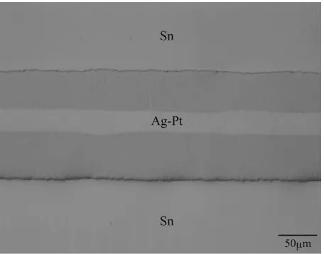 Fig. 1Optical micrograph of cross-section for Sn/Ag0:95Pt0:05/Sn diﬀu-sion couple annealed at T ¼ 473 K for t ¼ 8 h (2:88 � 104 s).