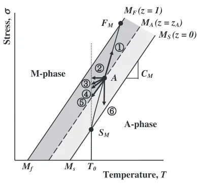 Fig. 8Conditions for progress of the MT and the reverse transformation inthe subloop loading on the stress-temperature phase diagram.