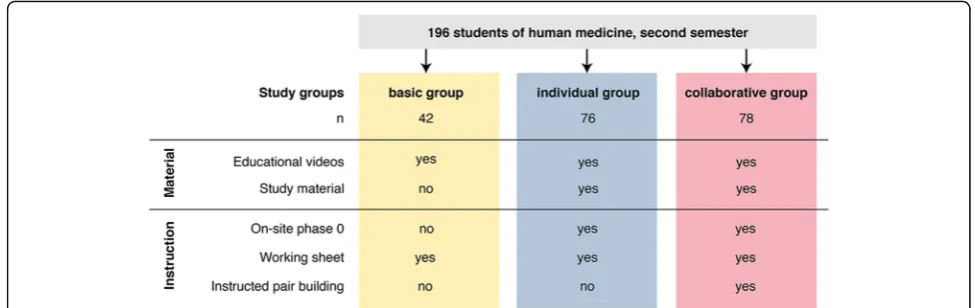 Fig. 1 Overview of the independent variables for the different study groups. In summary, 196 medical students from Ulm University participated42) received an information e-mail in which they were told to watch three videos until on-site phase 1 (working sh